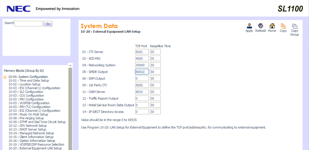 NEC SL1100. PBX Data Logger. SMDR/CDR data format and connection settings